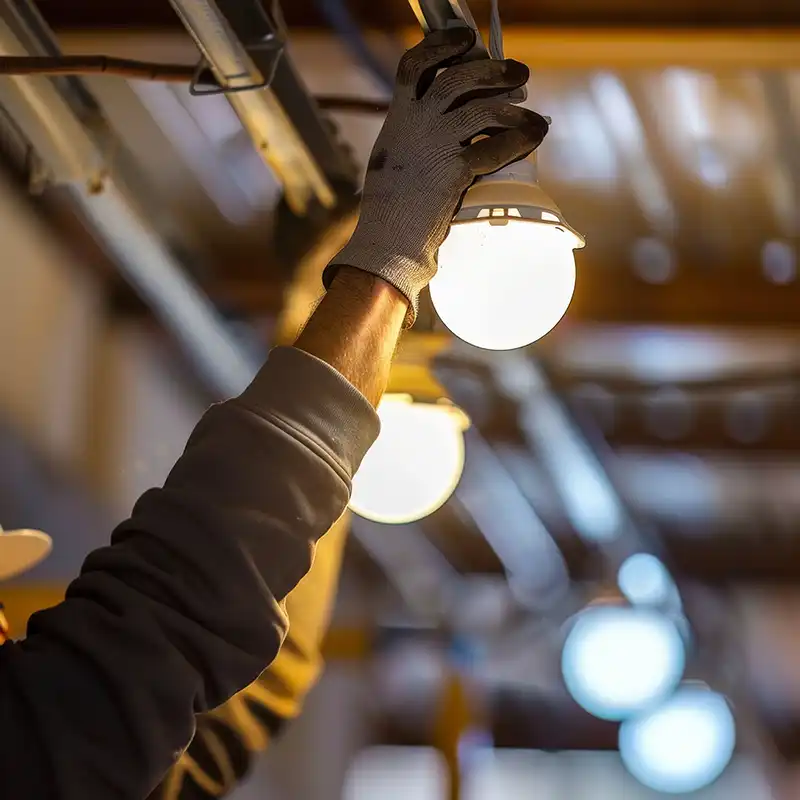 worker installing industrial light bulb